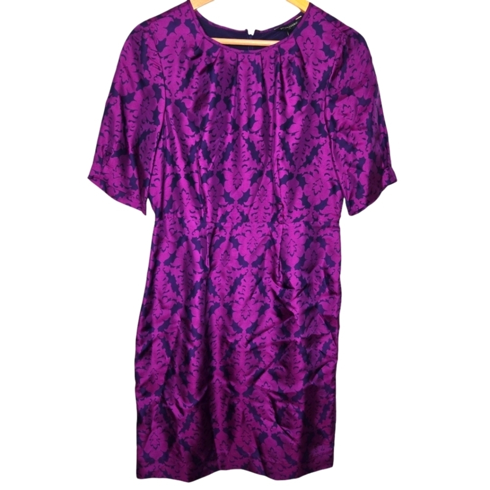 Banana Republic Womens Purple Short Sleeve Silk Blend Damask Sheath Dress Size 8